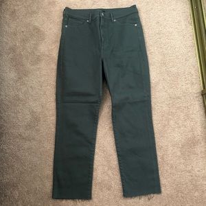 Express Super High Waisted Green Raw Hem Slim Jeans